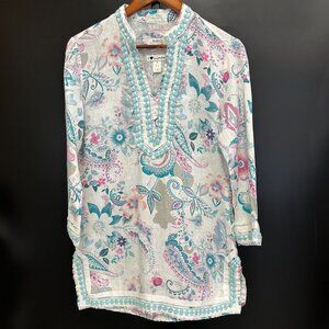 Malvin I Love Linen Tunic Top Size S Floral Paisley Print Boho Pastel